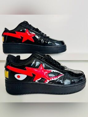 BAPE STA Shark Black Patent WGM Red Star Lightning Bapesta Low Women 6.5 DS 🔥